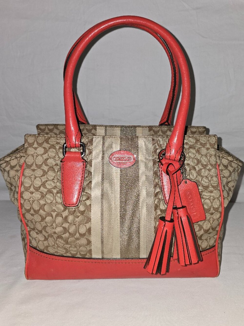 Coach 19915 Legacy Khaki Signature Stripe & Coral Candace Carryall Satchel